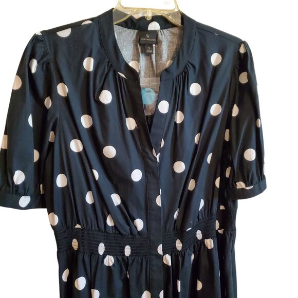 Black and White Polka Dot Flowy Button Up Short Sleeve Dress with Pockets Large - Picture 4 of 16
